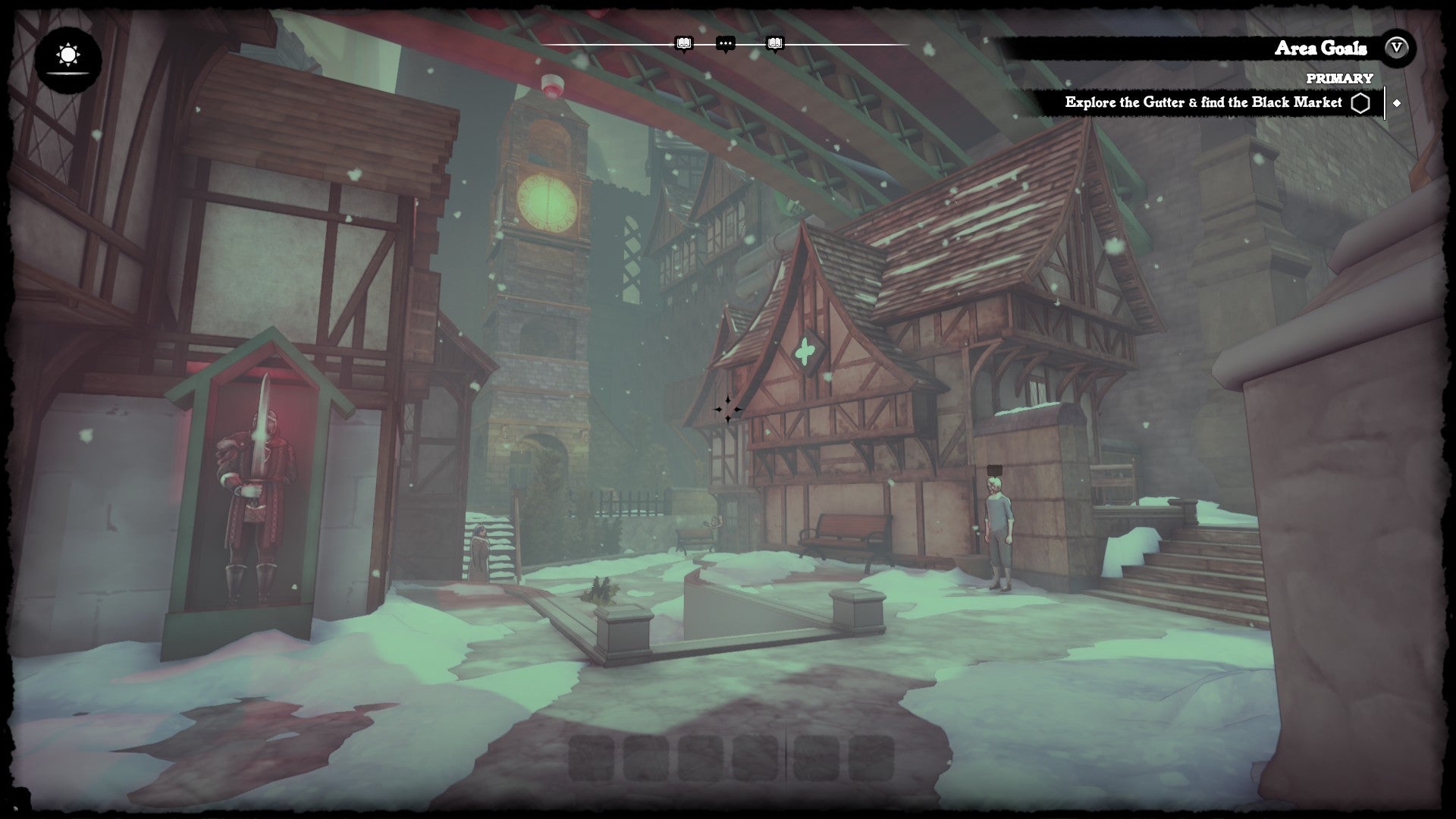 A snowy cityscape in Abermore