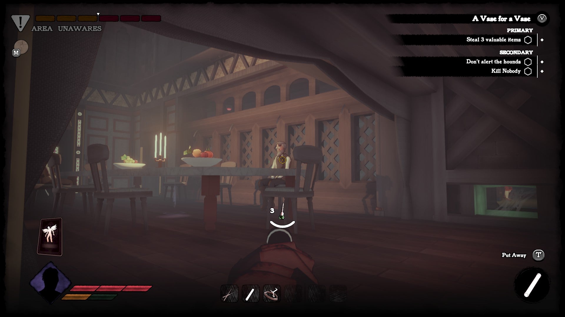 The player aims a sleeping dart at an unsuspecting citizen sitting at their dining room table in Abermore