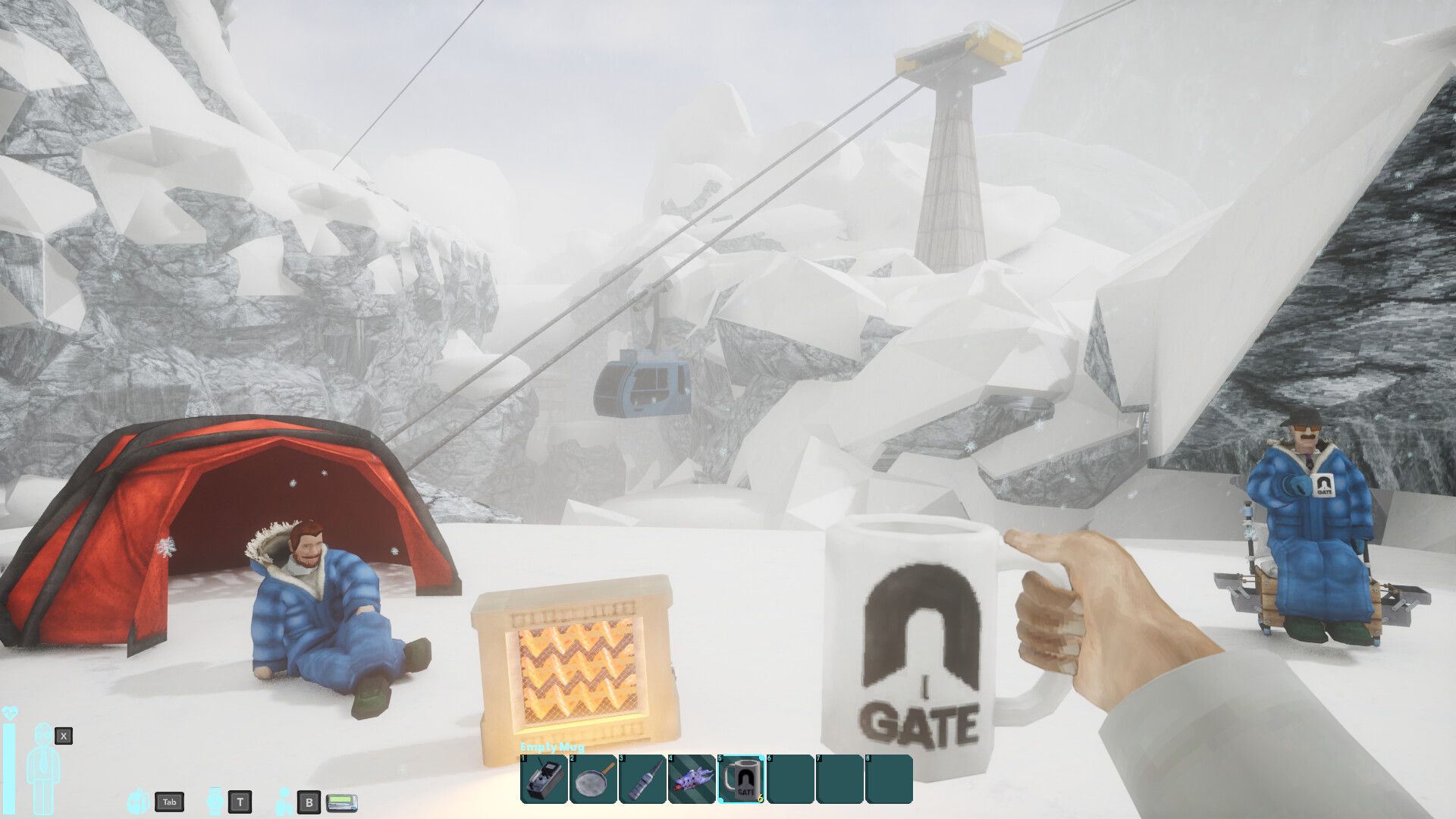 The player drinks a hot drink from a mug in a wintry environment as other characters sit in the snow. - 1