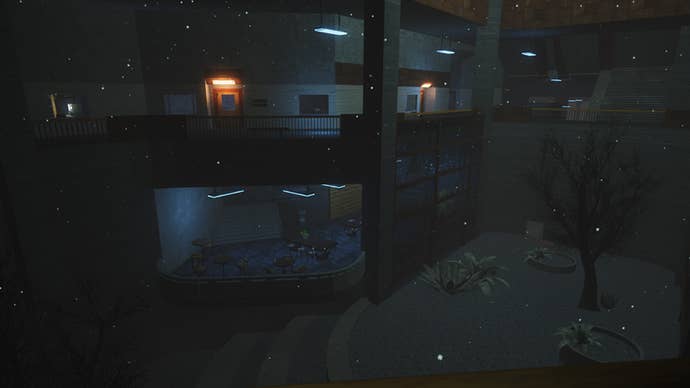 A cold looking mezzanine with light snow falling in Abiotic Factor.