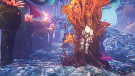 A science dude stuck on some orange alien coral in Abiotic Factor