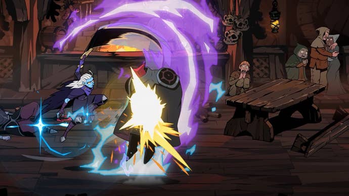 Galandra hits a red-masked enemy with a powerful upward slash of purple energy.