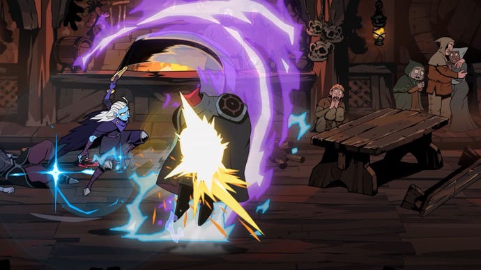 Galandra hits a red-masked force with a almighty upward slash of purple energy.