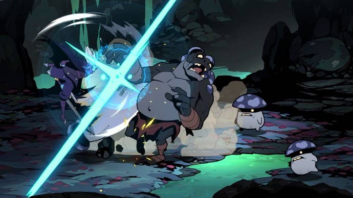 Galandra slaps a giant ogre in a cave with an aerial attack, the ogre reacts in pain and is stunned.