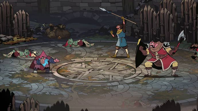 Two human soldiers in medieval garb prepare to attack Karl in a palisade arena.