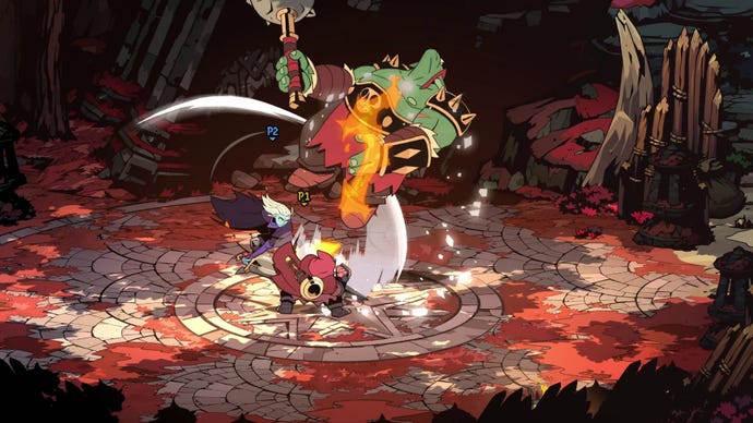 Two players onslaught a goblin champion brag unneurotic successful a fiery combo that lifts the brag disconnected the ground.