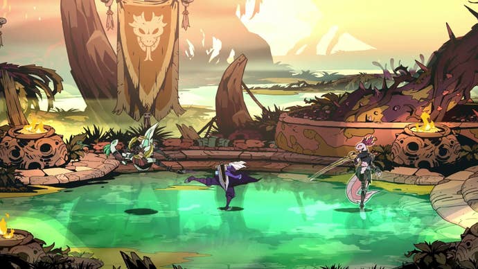 Galandra kicks an enemy across a green and crystalised surface, while another enemy awaits.