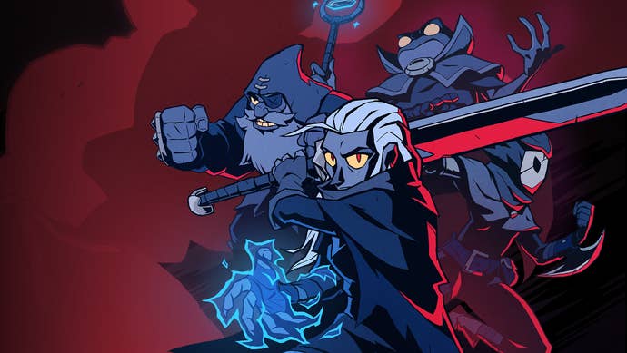 Absolum key art showing several fantasy characters, the main one with a large sword, in a cartoon montage against red background