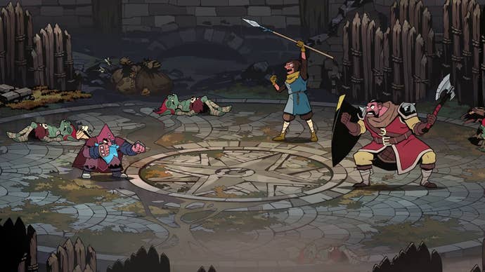 Absolum press image with dwarf guy facing off against some dudes.