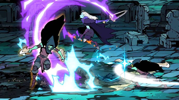 Absolum screenshot showing two characters battling it out in a dank dungeon, as colourful animated magical effects surround them.