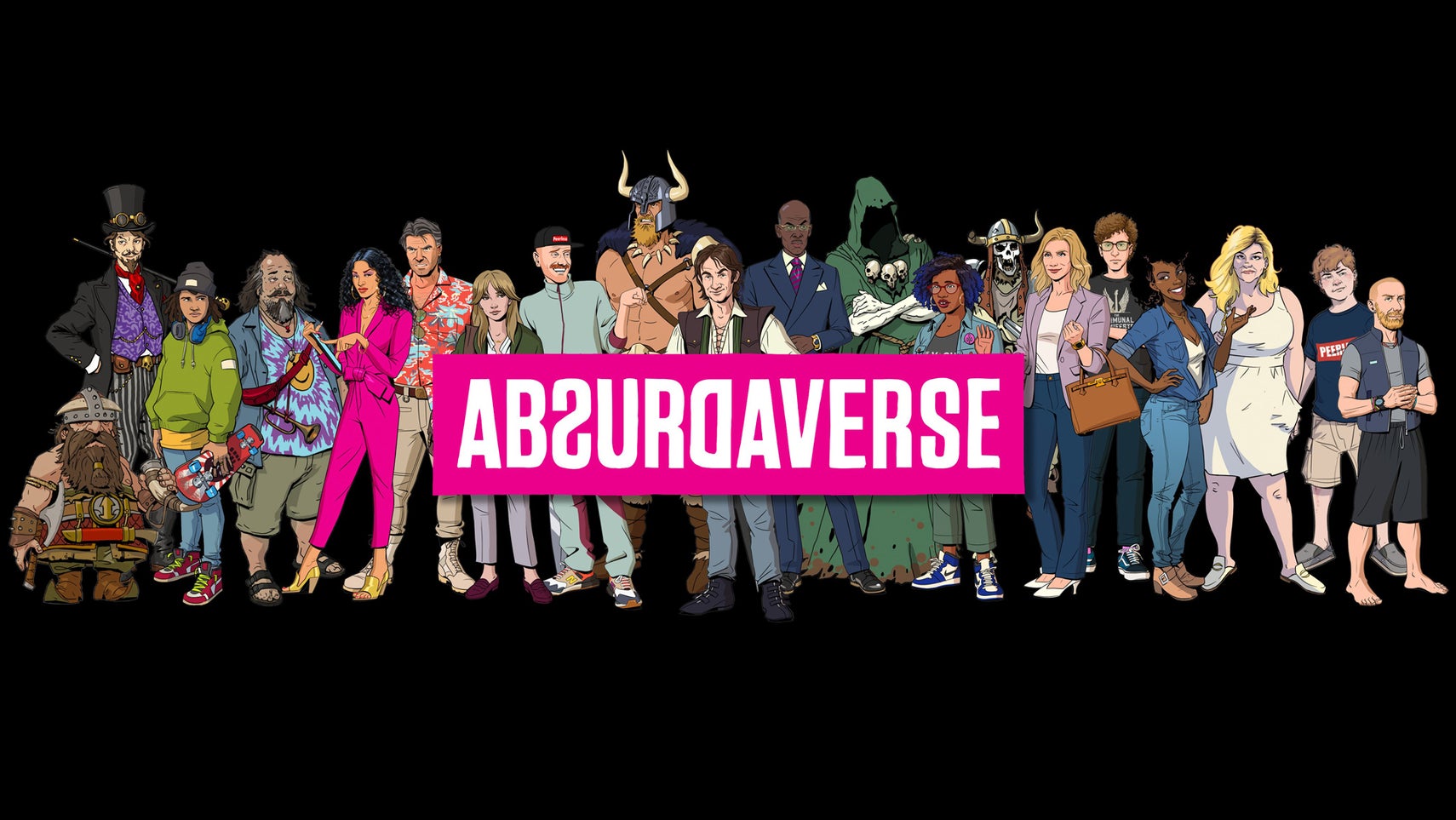 Various characters including a dwarf, a viking, people in modern day clothing, and more are all stood in a row with a logo in front of them for Absurdaverse. - 1