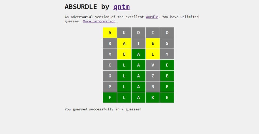 A screenshot of Absurdle, a Wordle variant where the winning word changes with each guess. That means this isn’t a spoiler!