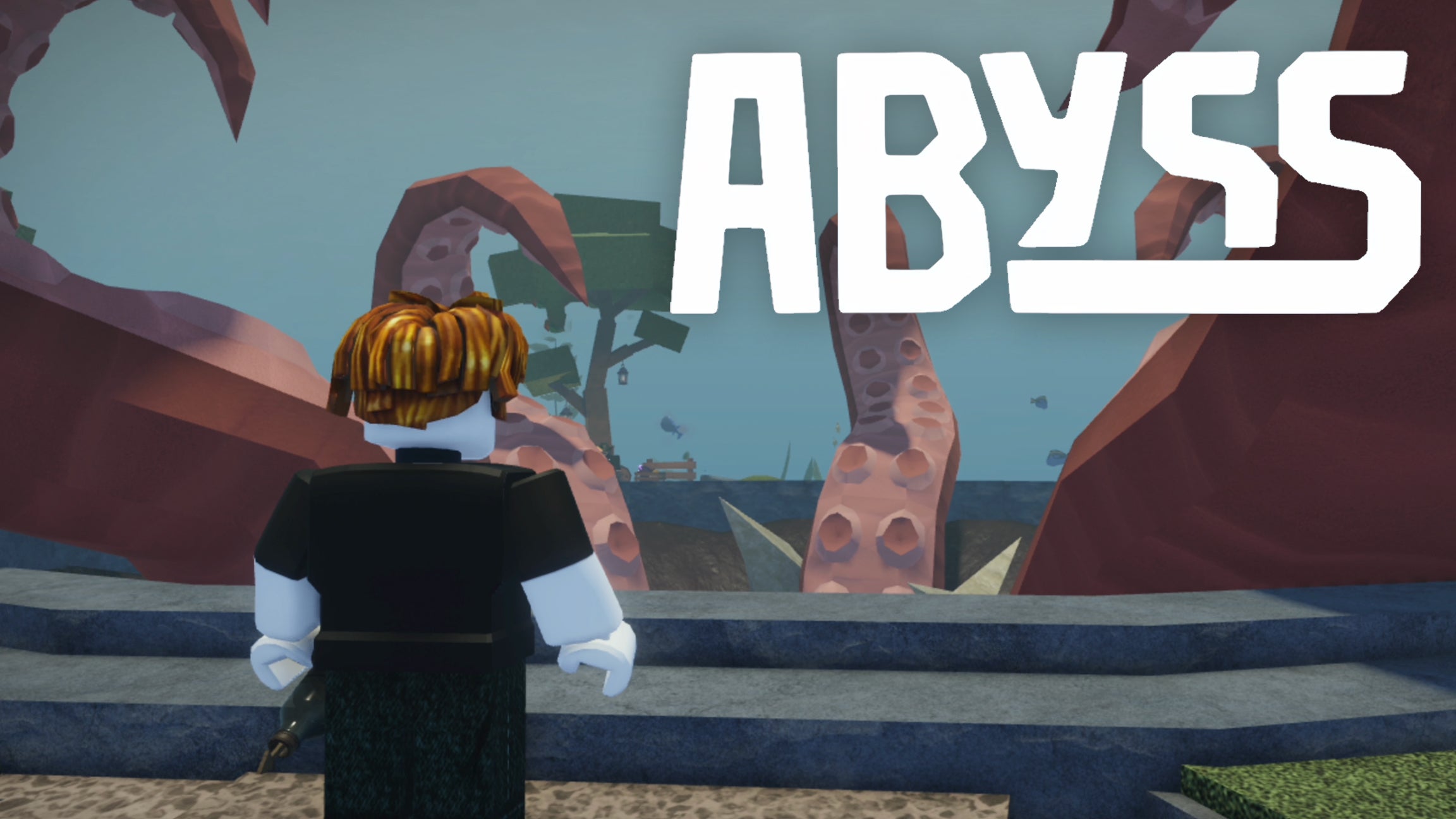 A Roblox character stands by a octopus-like Kraken creature in the Roblox game Abyss. The logo for the experience is also imprinted.