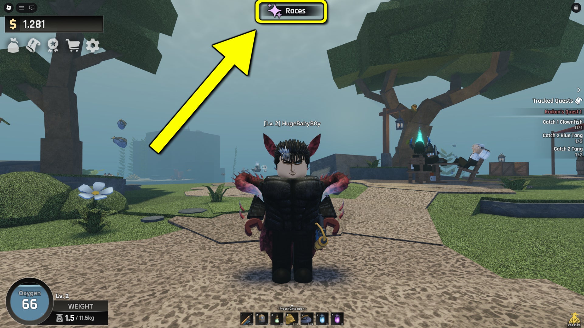 A screenshot from Abyss on Roblox, featuring an arrow pointing to the Races button where players can reroll their race. - 4