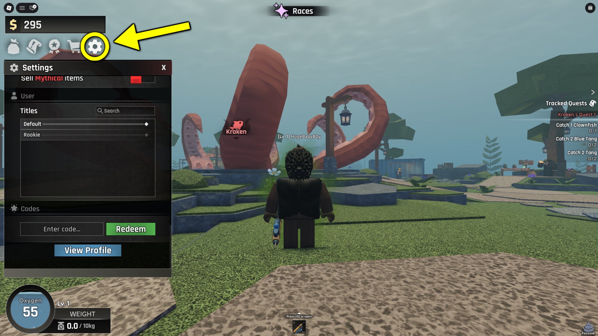 A screenshot from Roblox's Abyss, featuring an arrow pointing to the settings button, where players can find the codes bar. - 3