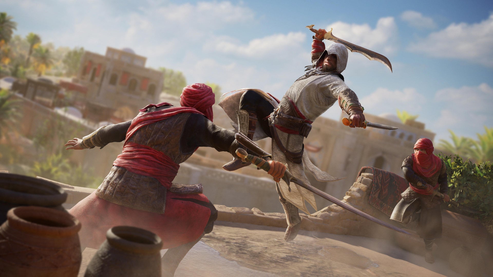 Basim in Assassin&rsquo;s Creed Mirage fighting two masked guards.