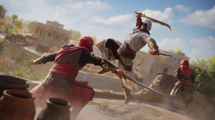 Basim in Assassin's Creed Mirage fighting two masked guards.