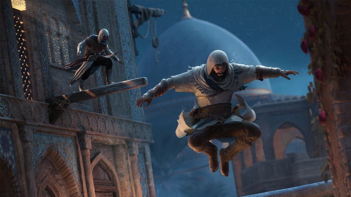 Basim and another Assassin in Assassin's Creed Mirage jumping at night.