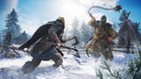 An Assassin's Creed Valhalla screenshot showing two Vikings fighting in the snow.