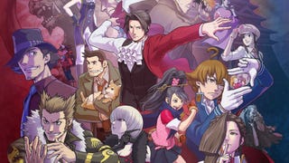 Promotional artwork for Ace Attorney Investigations Collection showing Miles Edgeworth surrounded by numerous characters from his games.