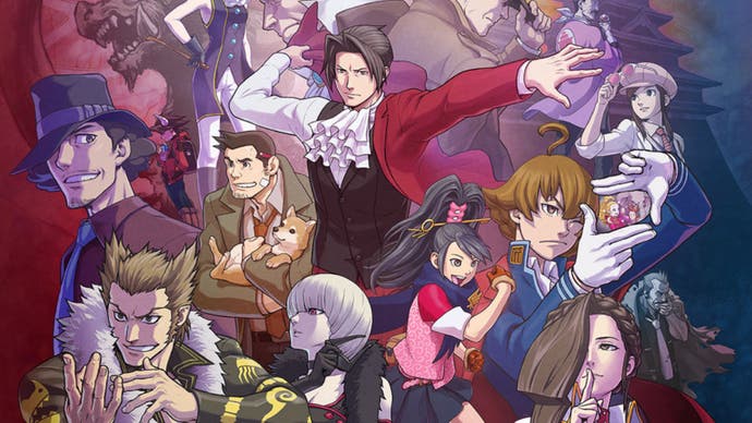 Promotional artwork for Ace Attorney Investigations Collection showing Miles Edgeworth surrounded by numerous characters from his games.