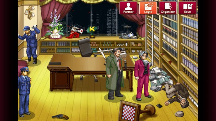 Gumshoe and Edgeworth in Edgeworth’s office. There’s a dead body on the floor and two police officers examining the scene.