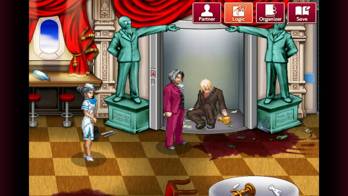 Edgeworth examines a body in an elevator. There is a large bloodstain and several stacks of banknotes on the floor around the body. There are statues on either side, indicating that this is a memorial site. The presence of a stewardess and clouds visible through the window indicate that this also happened on the plane.
