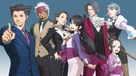 The main characters from the Phoenix Wright: Ace Attorney Trilogy (l-r): Phoenix Wright, Godot, Mia Fey, Maya Fey, Miles Edgeworth, Pearl Fey, and Franziska von Karma.