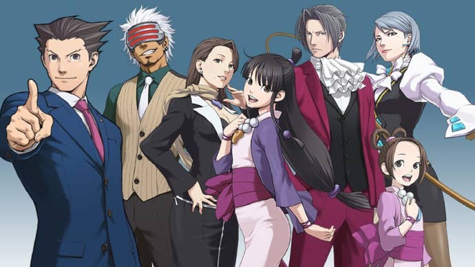 The main characters from the Phoenix Wright: Ace Attorney Trilogy (l-r): Phoenix Wright, Godot, Mia Fey, Maya Fey, Miles Edgeworth, Pearl Fey, and Franziska von Karma.