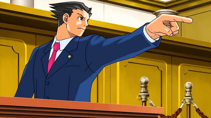 Phoenix Wright, a hand-drawn man with slicked back, spiky hair, is pointing at something offscreen in a court room in Ace Attorney.