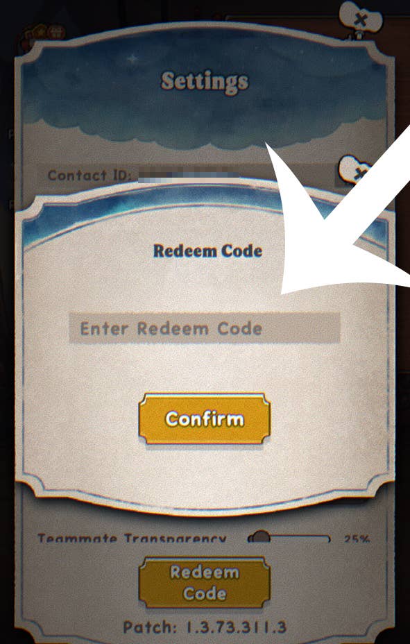 An arrow pointing at the menu used to redeem codes in Acecraft.