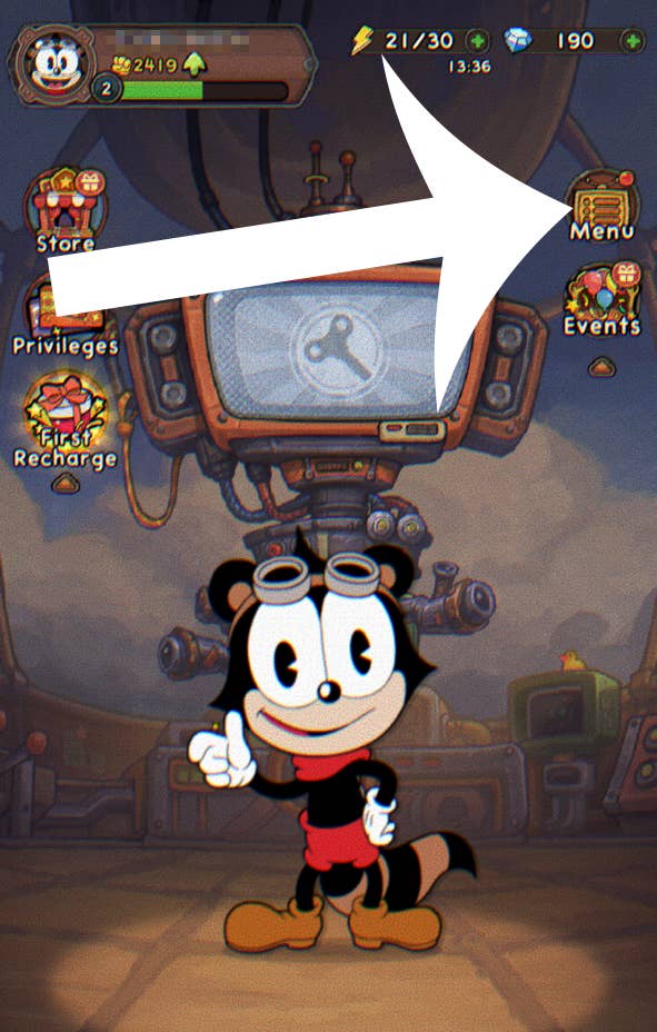 An arrow pointing at the menu button in the mobile game Acecraft.
