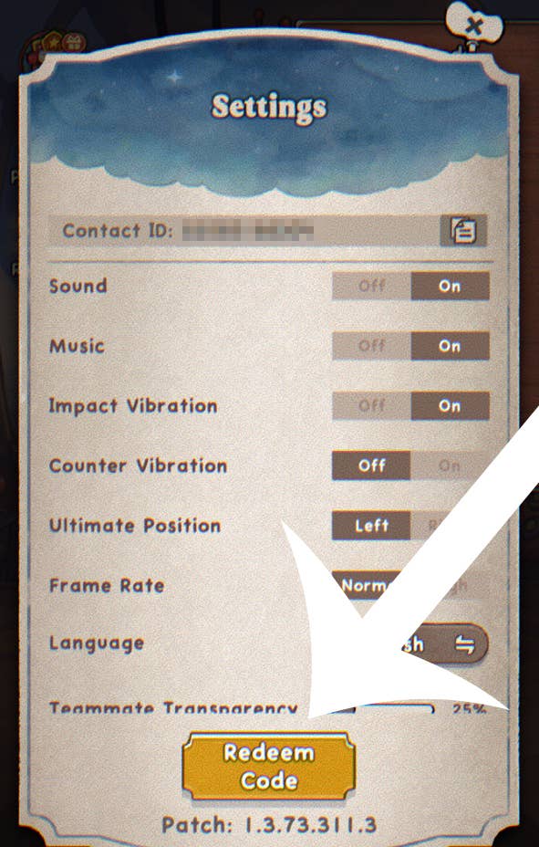 An arrow pointing at the button for the codes menu in Acecraft.