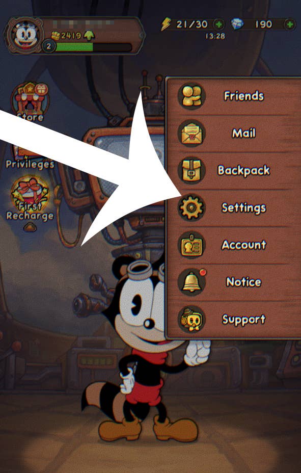 Uma seta apontando para o botão Configurações no Acecfraft.