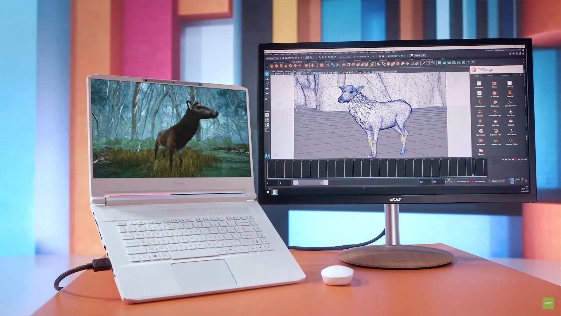 Acer&rsquo;s new laptop with a stereoscopic 3D display, connected to a monitor showing an animation program