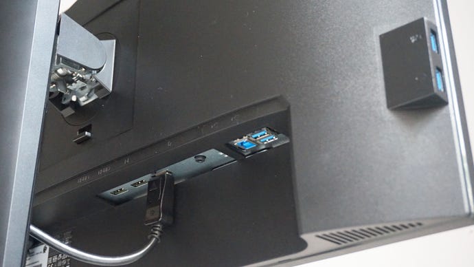 A photo of the Acer Predator XB253Q gaming monitor’s display inputs and USB hub