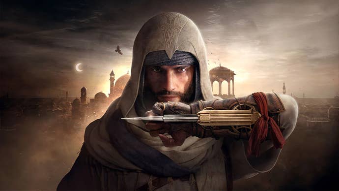 Assassin’s Creed Mirage main character stares into the camera with arm raised, Hidden Blade weapon visible.