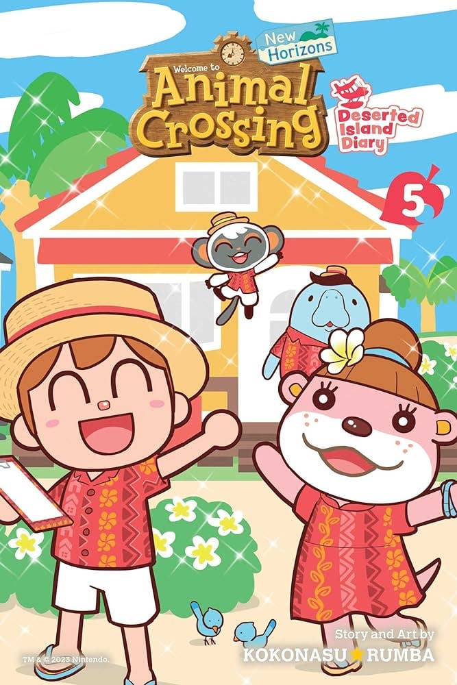 In a full-colour illustrated manga cover for Animal Crossing, the Paradise Planning team and Coroyuki stand outside the Paradise Planning building and wave happily at the viewer.
