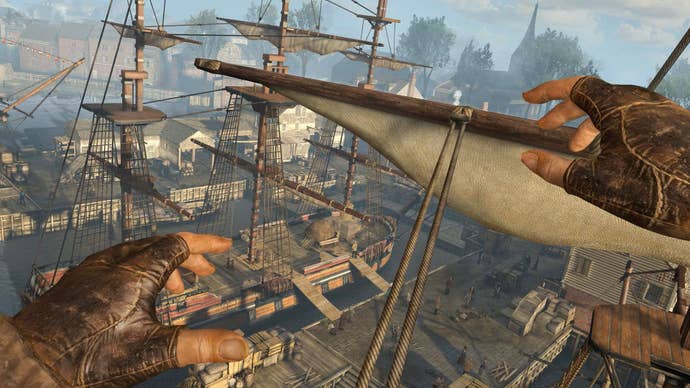 Assassin’s Creed Nexus VR gameplay of player walking along a ship’s mast rope