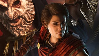 ac odssey key art, showing protagonist kassandra in front of a masked face and a helmeted head