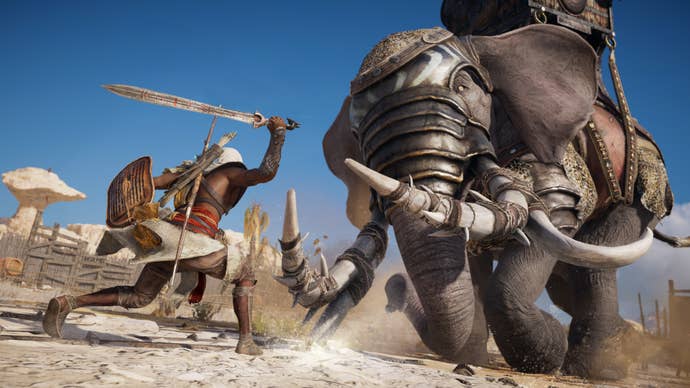 Bayek fights a war elephant in Assassin’s Creed Origins.