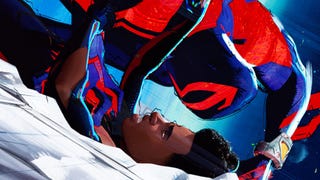 Miguel O'Hara has Miles Morales pinned down in Spider-Man: Across the Spider-Verse.