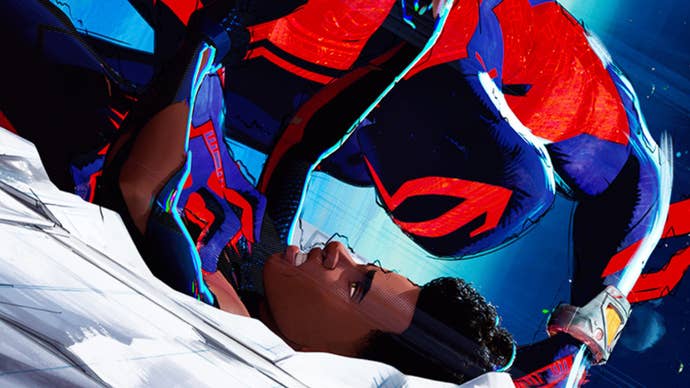 Miguel O’Hara has Miles Morales pinned down in Spider-Man: Across the Spider-Verse.
