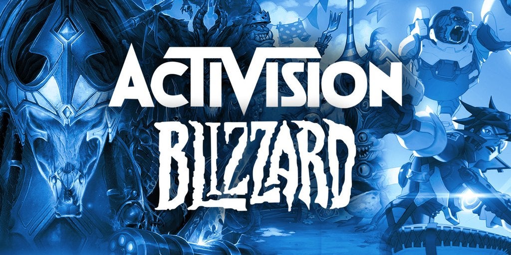 The Activision Blizzard logo against a backdrop of characters from the company&rsquo;s games