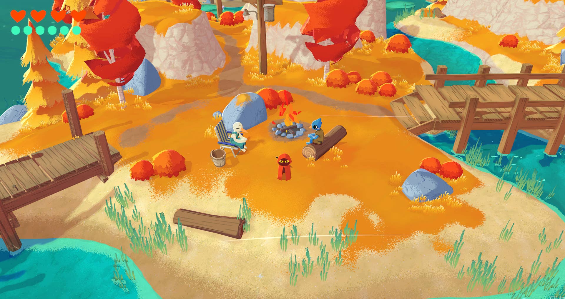 Adam Robinson-Yu's in development action adventure game. We see a kind of beachy part of a level, with turquoise waters surrounding bright sand and orangey grass further in land. Little wooden bridges lead off of to the sides of the picture.