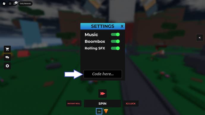 A screenshot from Admin RNG in Roblox showing the game's codes field.
