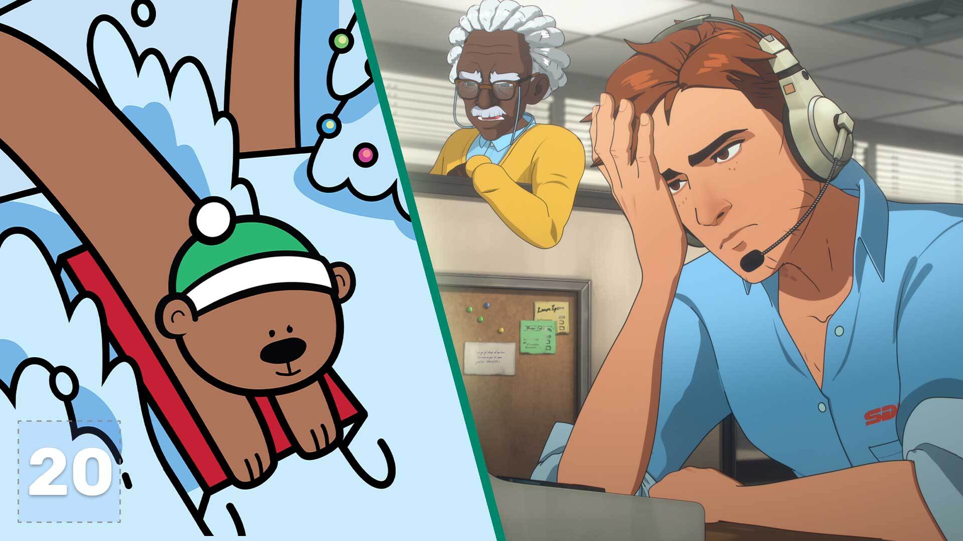 An edited picture for day 20 of Rock Paper Shotgun's Advent Calendar 2025 event, showing Horace sledding on the left and a screenshot of Robert from Dispatch on the right. - 1