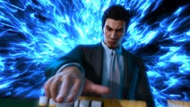 A masculine Japanese character in suit and tie, sat behind what looks like a gambling table, and extending two fingers in a kind of gun shape towards the camera. Behind them, there's an explosion of electric blue light.