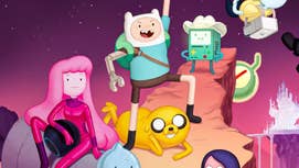 Key art of Adventure Time: Distant Lands showing Finn with a robot arm, Jake laying down, Princess Bubblegum in a racing suit, and BMO in a cowboy hat.
