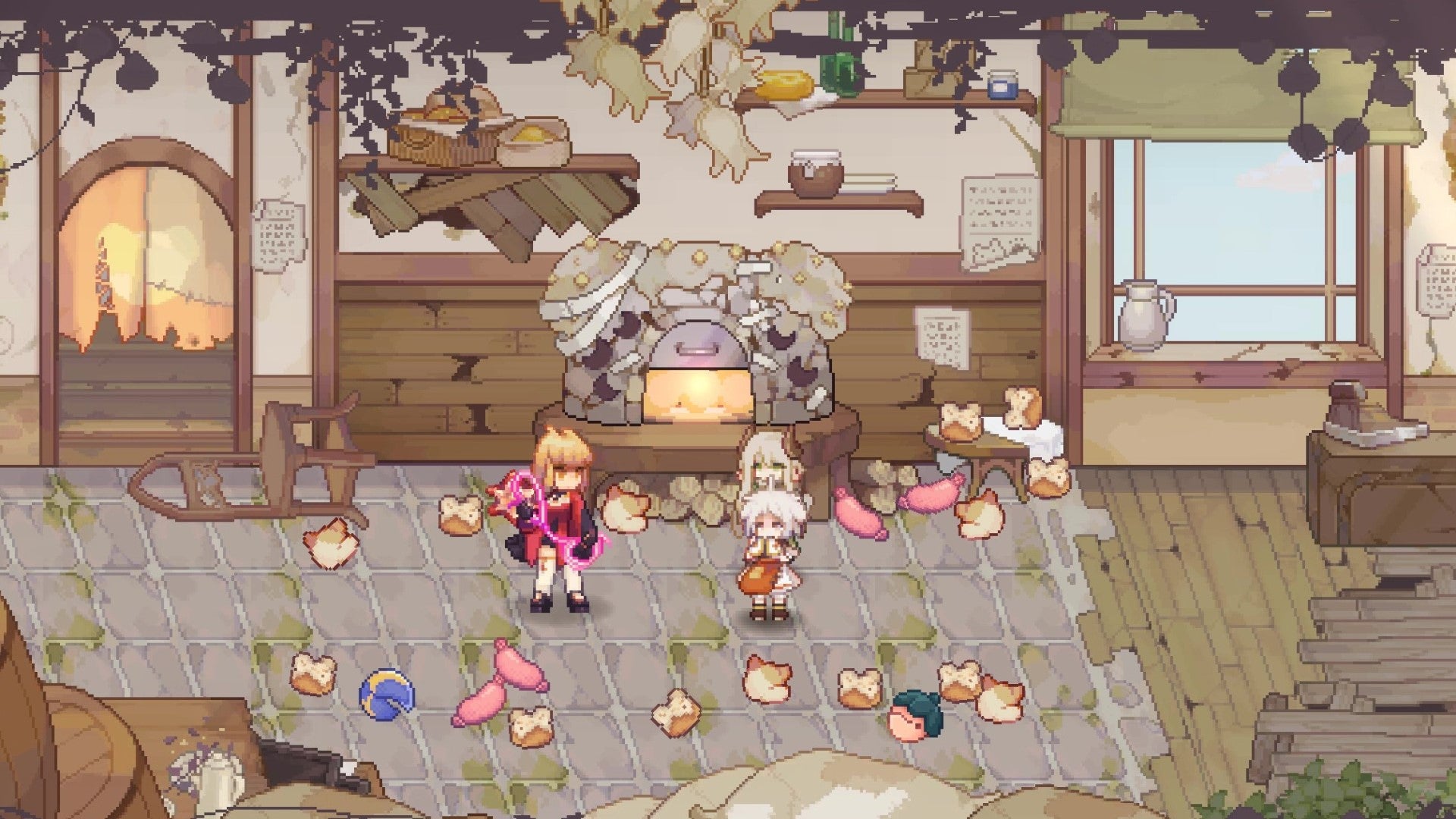 Three anime girls gather round a furnace with loads of bread scattered around them in Aeruta.